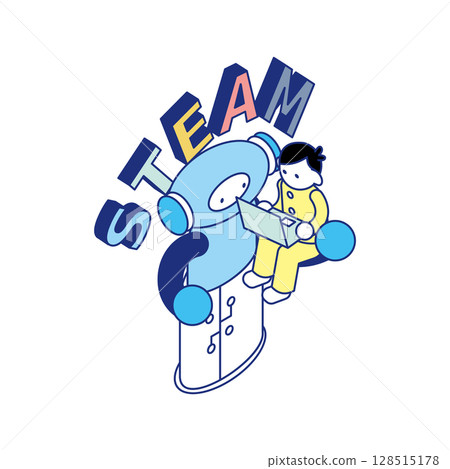 Isometric illustration of a robot and a child learning together with the letters STEAM Isometric illustration of a robot and a child learning together with the letters STEAM 128515178