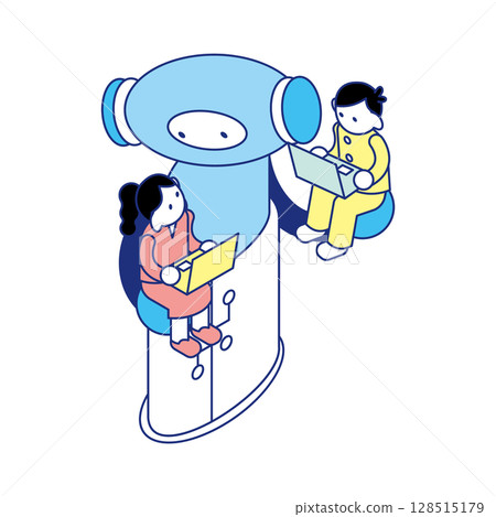 Isometric illustration of a robot and a child learning together with the letters STEAM Isometric illustration of a robot and a child learning together with the letters STEAM 128515179