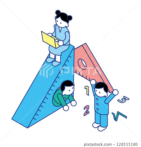 Isometric illustration of children learning and playing on rulers and numbers education Isometric illustration of children learning and playing on rulers and numbers education 128515180