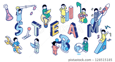 等距插圖展示 STEAM（科學、技術、工程、藝術、數學）元素 128515185