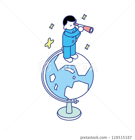 Educational isometric illustration of children standing on a globe and observing, investigating, and considering Educational isometric illustration of children standing on a globe and observing, investigating, and considering 128515187
