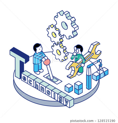 Isometric illustration of technology characters and children moving gears 128515190