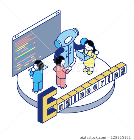 Isometric illustration of children working on engineering approach in STEAM education team Isometric illustration of children working on engineering approach in STEAM education team 128515191