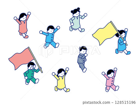 孩子們精力充沛地跑來跑去的等距插圖 128515196