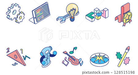Isometric illustration icon set representing science, technology, engineering, art and mathematics Isometric illustration icon set representing science, technology, engineering, art and mathematics 128515198