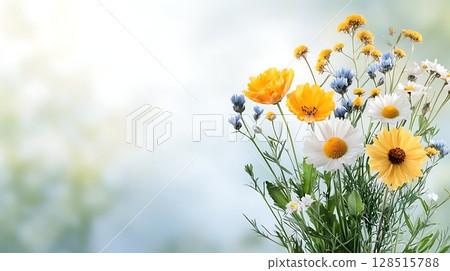 Bright and Colorful Wildflower Bouquet Against Soft Blurred Background Bright and Colorful Wildflower Bouquet Against Soft Blurred Background 128515788