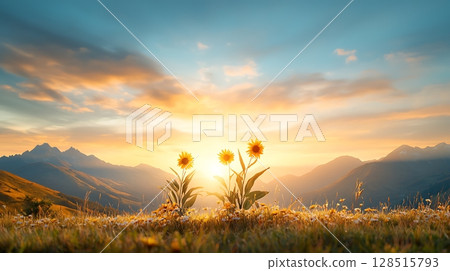 Sunflowers Blooming in a Mountain Landscape at Sunrise with Vibrant Sky Colors 128515793