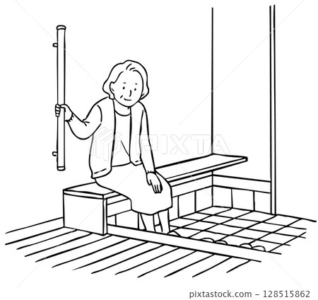 入口處設有扶手的長凳 入口處設有扶手的長凳 128515862