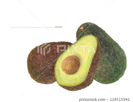 Watercolor cartoon of avocado cut in half 128515942