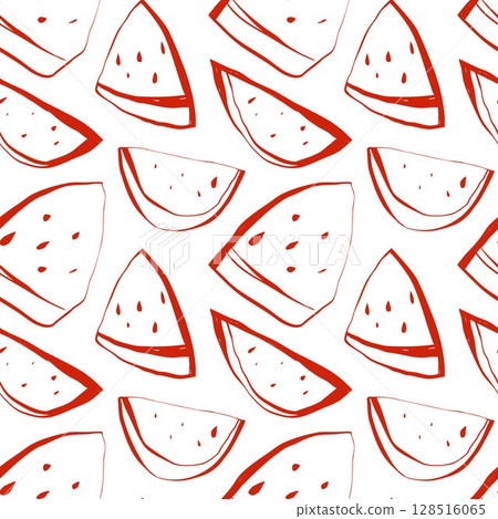 Simple watermelon slice seamless pattern in red on clean white background in fun playful sketchy style Simple watermelon slice seamless pattern in red on clean white background in fun playful sketchy style 128516065
