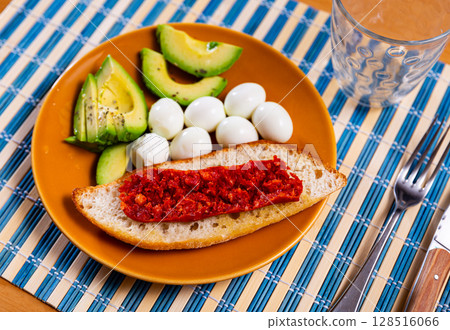 Avocado, eggs and toast served for breakfast Avocado, eggs and toast served for breakfast 128516066