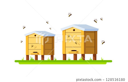 Bee hives,Apiary with Bees on White Background,flat design icon vector illustration Bee hives,Apiary with Bees on White Background,flat design icon vector illustration 128516180