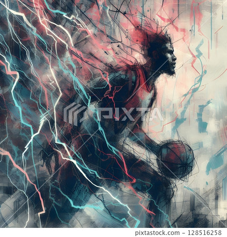 Electric Basketball Energy for Abstract Athlete in High-Speed Motion with Power Lines and Dynamic Light with Generative AI. 128516258