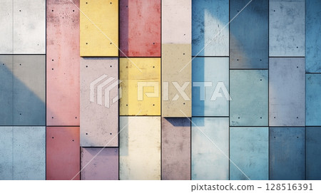 Exterior with colorful stone wall Concrete texture mosaic and blue sky 128516391