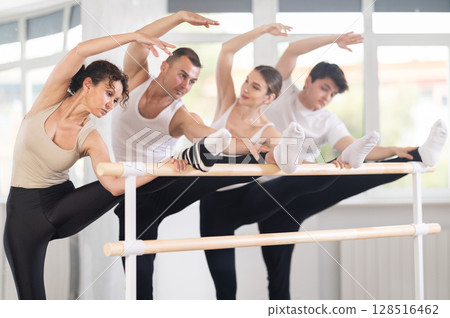 Group of dancers doing stretching at barre Group of dancers doing stretching at barre 128516462