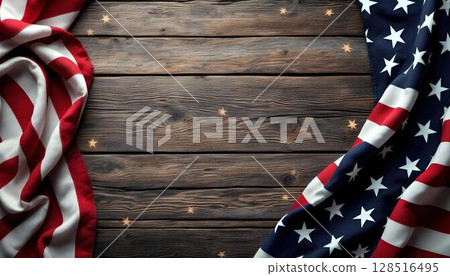 An American flag on a wooden backdrop, reflecting patriotism and honoring the sacrifices of military personnel on memorial day 128516495