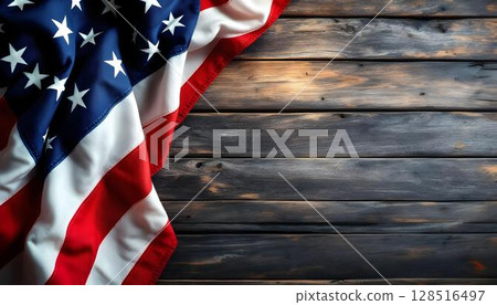 American flag on a rustic wooden background, representing remembrance and respect for military sacrifices on memorial day 128516497