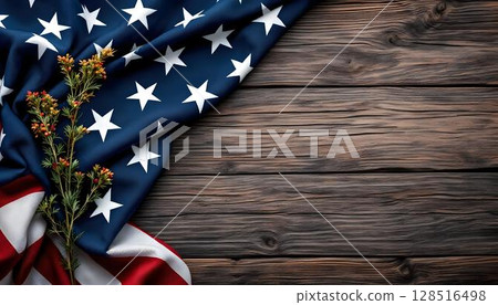 American flag displayed on a wooden background, symbolizing patriotism and honoring veterans on Memorial day 128516498