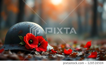 A helmet with red poppies on the ground, reflecting Memorial Day's themes of remembrance, honor, and respect for veterans 128516504