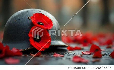 A military helmet on the ground with red poppies, evoking themes of remembrance and respect for those who served 128516507