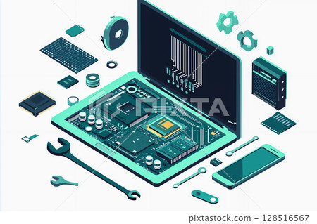 Disassembled laptop and digital parts - visualizing the structure of technology Disassembled laptop and digital parts - visualizing the structure of technology 128516567