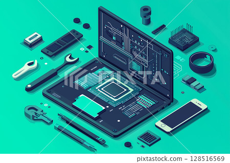 Disassembled laptop and digital parts - visualizing the structure of technology Disassembled laptop and digital parts - visualizing the structure of technology 128516569