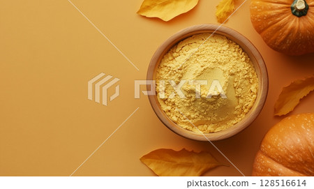 Pumpkin flour on brown wooden bowl and some vegetable for baking, gluten free copy space Pumpkin flour on brown wooden bowl and some vegetable for baking, gluten free copy space 128516614
