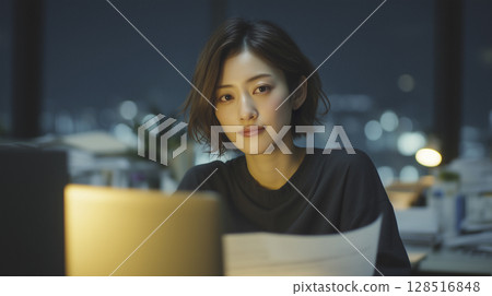 Woman working overtime until late at night Business scene 128516848