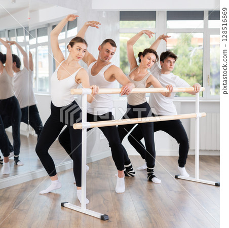 Group of dancers doing plie at barre 128516869