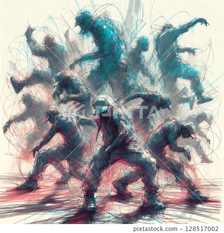 Dynamic Abstract Dancers in Energetic Urban Motion in Electric Ink Explosion with Generative AI. Dynamic Abstract Dancers in Energetic Urban Motion in Electric Ink Explosion with Generative AI. 128517002