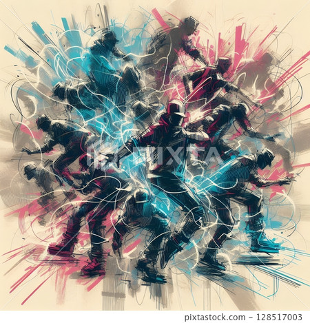 Dynamic Abstract Dancers in Energetic Urban Motion in Electric Ink Explosion with Generative AI. Dynamic Abstract Dancers in Energetic Urban Motion in Electric Ink Explosion with Generative AI. 128517003