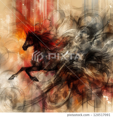 Fiery Horse Zodiac in Dynamic Energy and Fortune for the Chinese Year of the Horse with Generative AI. 128517091