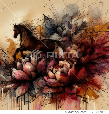 Fiery Horse Zodiac in Dynamic Energy and Fortune for the Chinese Year of the Horse with Generative AI. 128517092