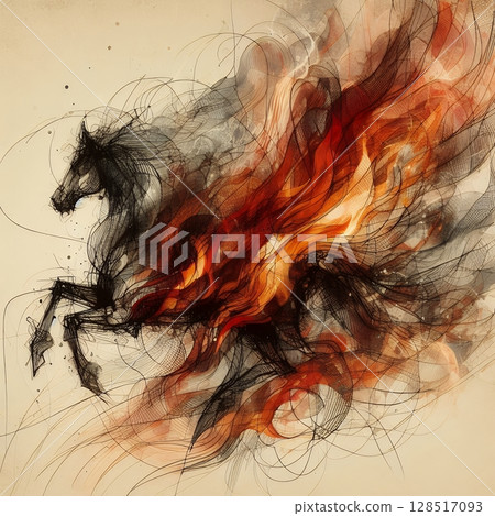 Fiery Horse Zodiac in Dynamic Energy and Fortune for the Chinese Year of the Horse with Generative AI. 128517093