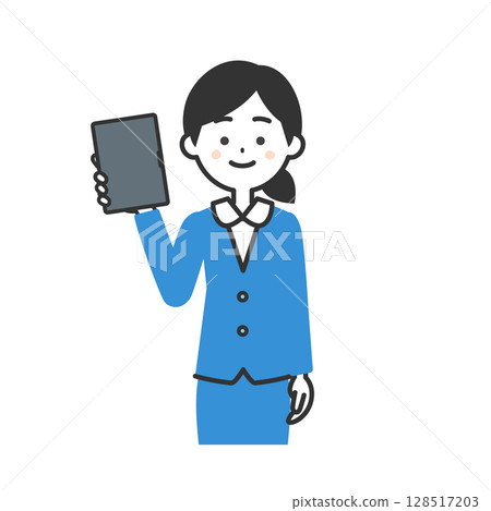 Illustration of a woman in a suit holding a tablet Illustration of a woman in a suit holding a tablet 128517203