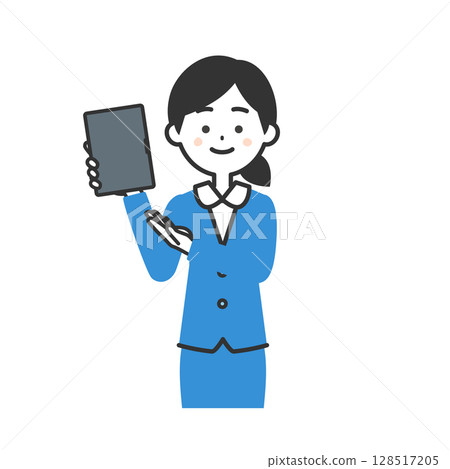 Illustration of a woman in a suit pointing at a tablet device 128517205