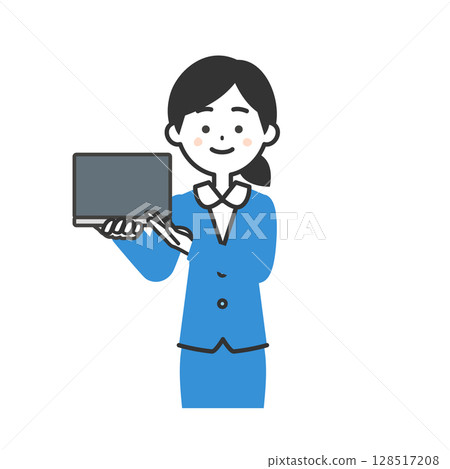 Illustration of a woman in a suit pointing at a laptop Illustration of a woman in a suit pointing at a laptop 128517208