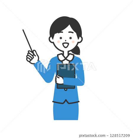 一位身穿西裝、拿著指針向上指的女士的插圖 128517209