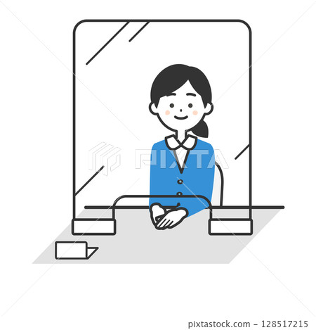 一位身穿西裝的女士坐在帶有透明隔板的辦公桌旁的插圖 128517215