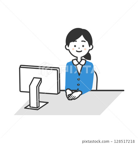 一位身穿西裝的女士坐在顯示器前的插圖 一位身穿西裝的女士坐在顯示器前的插圖 128517218