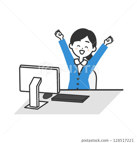 Illustration of a woman in a suit smiling and stretching in front of a computer 128517221