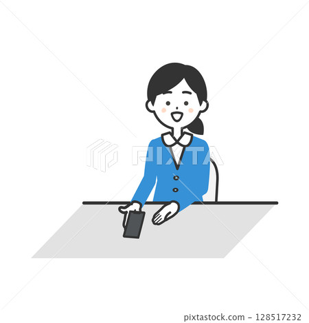 Illustration of a woman in a suit showing her smartphone screen Illustration of a woman in a suit showing her smartphone screen 128517232