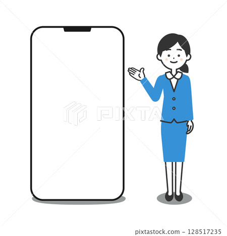 一位身穿西裝的女士站在大型智慧型手機旁的插圖 一位身穿西裝的女士站在大型智慧型手機旁的插圖 128517235