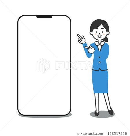 一位身穿西裝的女士站在大型智慧型手機旁的插圖 128517236