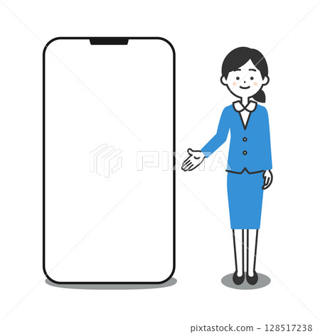 一位身穿西裝的女士站在大型智慧型手機旁的插圖 128517238
