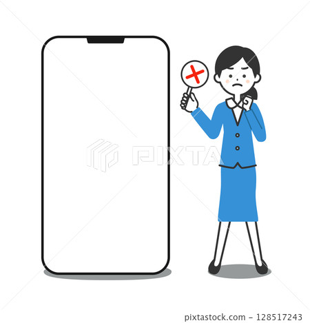 Illustration of a woman in a suit standing next to a large smartphone Illustration of a woman in a suit standing next to a large smartphone 128517243