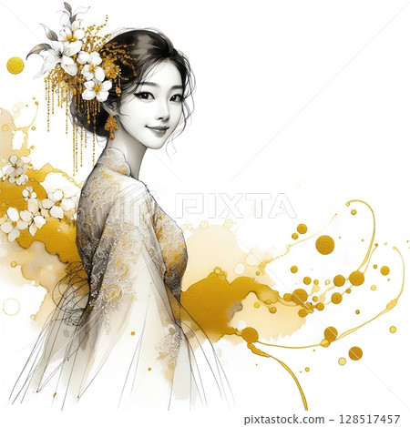 Graceful Silhouette of a indonesia Woman in Traditional Kebaya Dress with Generative AI. 128517457