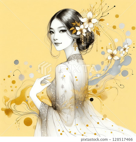 Graceful Silhouette of a indonesia Woman in Traditional Kebaya Dress with Generative AI. 128517466