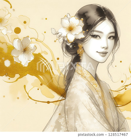 Graceful Silhouette of a indonesia Woman in Traditional Kebaya Dress with Generative AI. 128517467