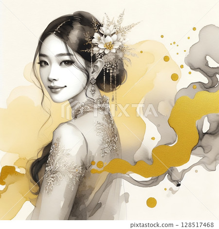 Graceful Silhouette of a indonesia Woman in Traditional Kebaya Dress with Generative AI. 128517468